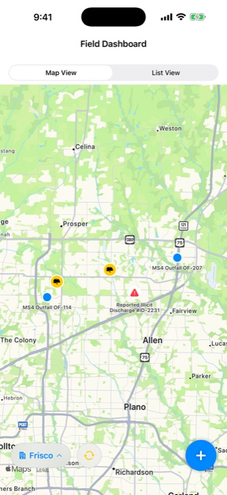 Mayvil field dashboard showing MS4 outfalls and a reported illicit discharge across North Texas.